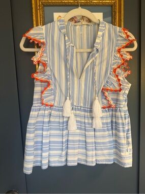 Marie Oliver Blue and White Striped Tassel Peplum Blouse with Orange Trim